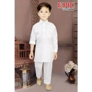 Boys White Cotton Solid Pathani Suit